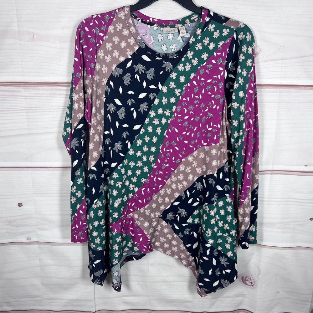 LOGO by Lori Goldstein Top Women 1X Multicolor Floral Patchwork Long Sleeve Knit